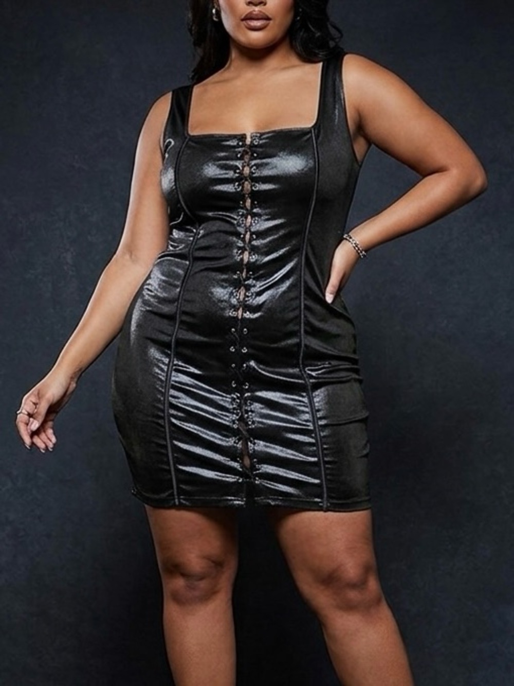 PrettyLittleThing Black Faux Satin Hook-Front Bodycon Mini Dress